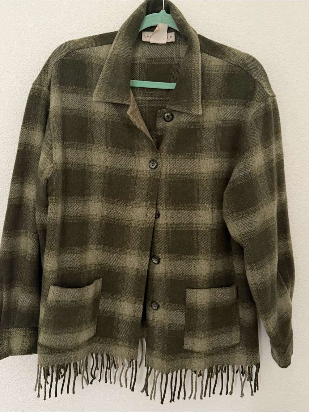 Vintage Sweet Jessie Plaid Fringe Shacket Jacket Green Wool Blend L Cabincore